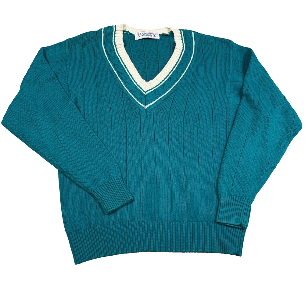Vintage Grandpa Sweater Men Large Green V Neck Cricket Tennis Ribbed 90s Teal‎